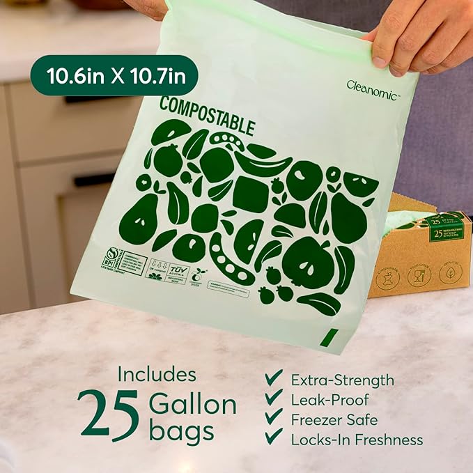 Cleanomic Compostable* Gallon Size Food Storage Bags (25 Eco Zip) Freezer and Leak Proof, Also Available Quart, Snack and Sandwich Bags