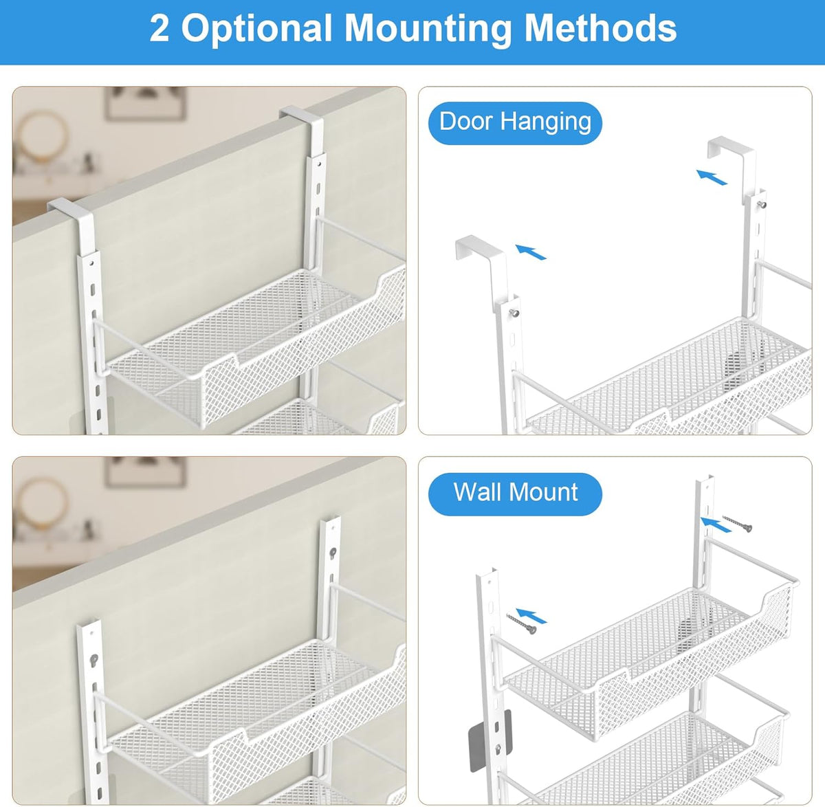 12.3" W Narrow Over the Door Pantry Organizer, 8-Tier Over the Door Organizer with Adjustable Basket, Pantry Door Organization for Pantry Kitchen Storage Room Spice Rack, White