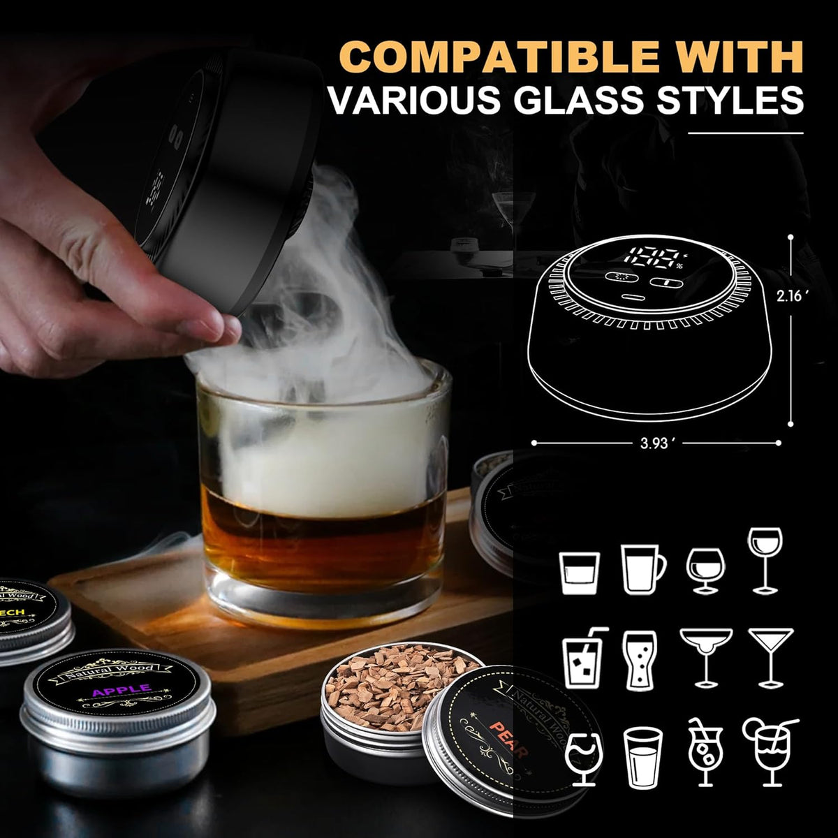Electric Whiskey Smoker Kit Built-in Lighter with 7 Colorful Lights, Flameless Rechargeable Electric Drink Smoker Kit with 6 Wood Chips – Premium Cocktail Smoker Kit Set for Men, Husband, Dad