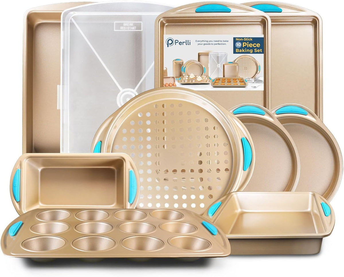 Perlli Baking Kit: Nonstick Gold Steel Oven Set - 10 Pieces, Cookie Sheets, Cake Pans, 9x13Pan with Lid, Loaf & Deep Pans, Pizza Crisper, Muffin Pan - Silicone Handles