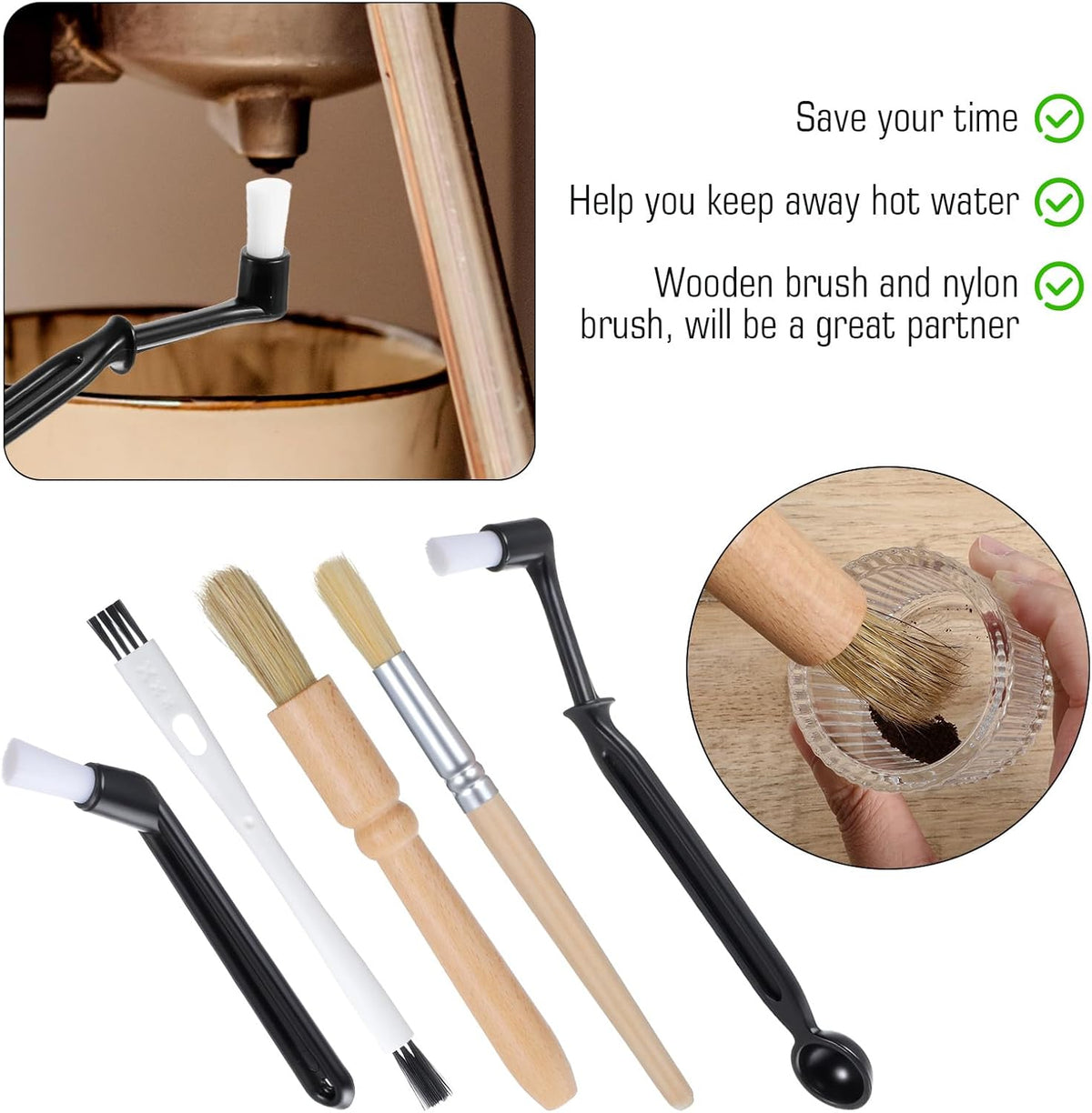 5 Pcs Coffee Grinder Brush Group Head Brush Brushes Kit Nylon Machine Cleaning Brushes Wooden for Coffee Machine