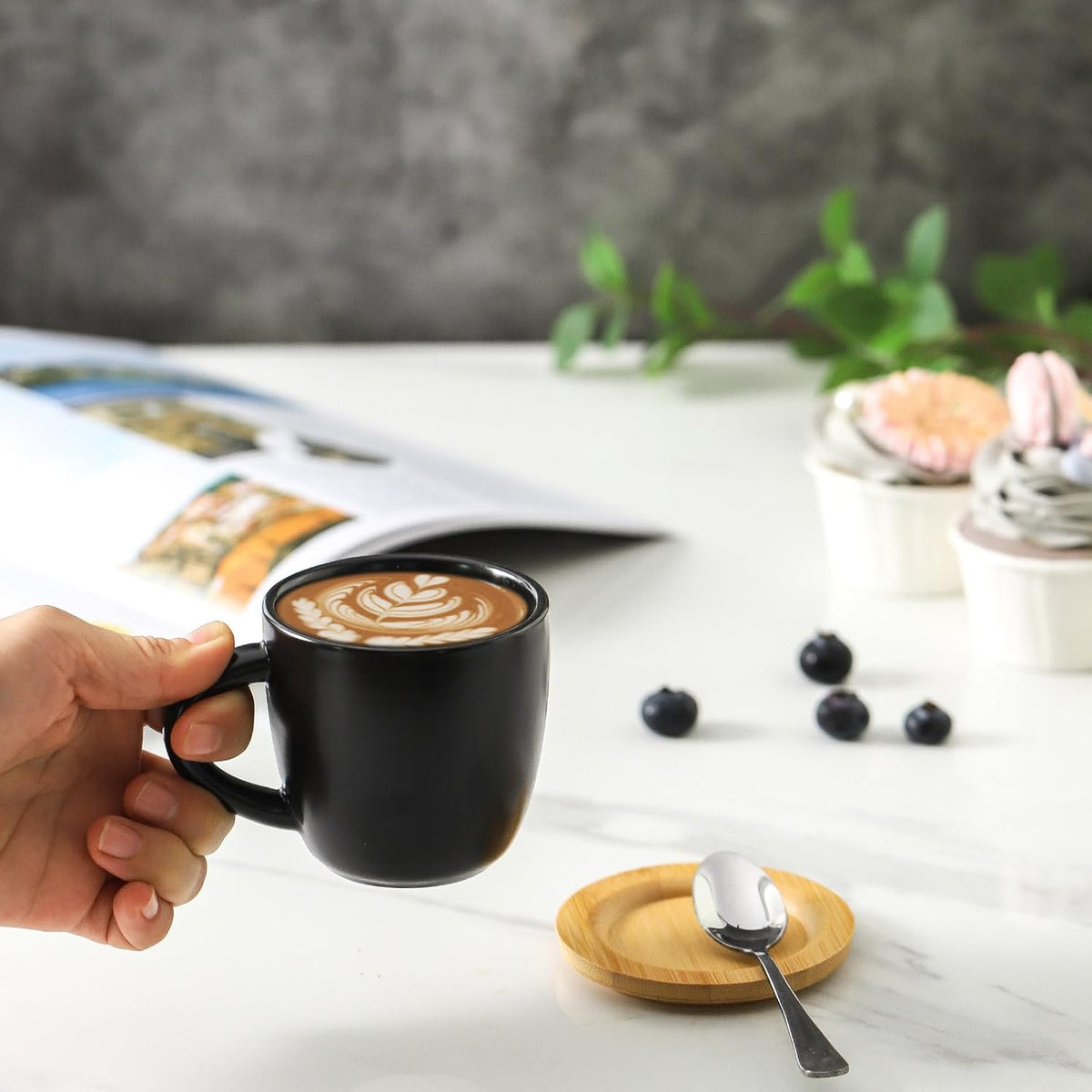 Hasense Porcelain Cappuccino Cups and Saucers Set of 6-6 Ounce Demitasse Espresso Mugs with Handle Perfect for Latte, Cafe Mocha, Double Shot and Tea, Black