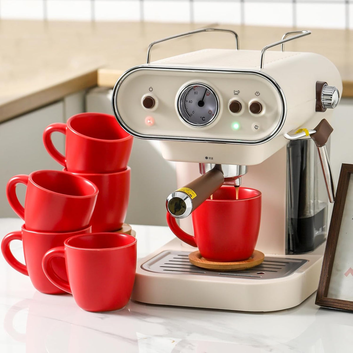 Hasense 8 oz Tea Cups and Saucers Set of 6, Ceramic Coffee Cups with Handle, Latte, Cappuccino, Espresso, Stackable for Party, Home and Kitchen, Red