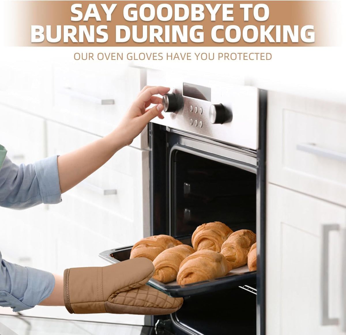 Mini Oven Mitts, Kitchen Oven Gloves Kitchen Mittens 500 Degrees Heat Resistant Baking Gloves, Non-Slip Silicone Surface with Hanging Loops Hot Gloves for Cooking, Baking, BBQ 1 Pair-Brown