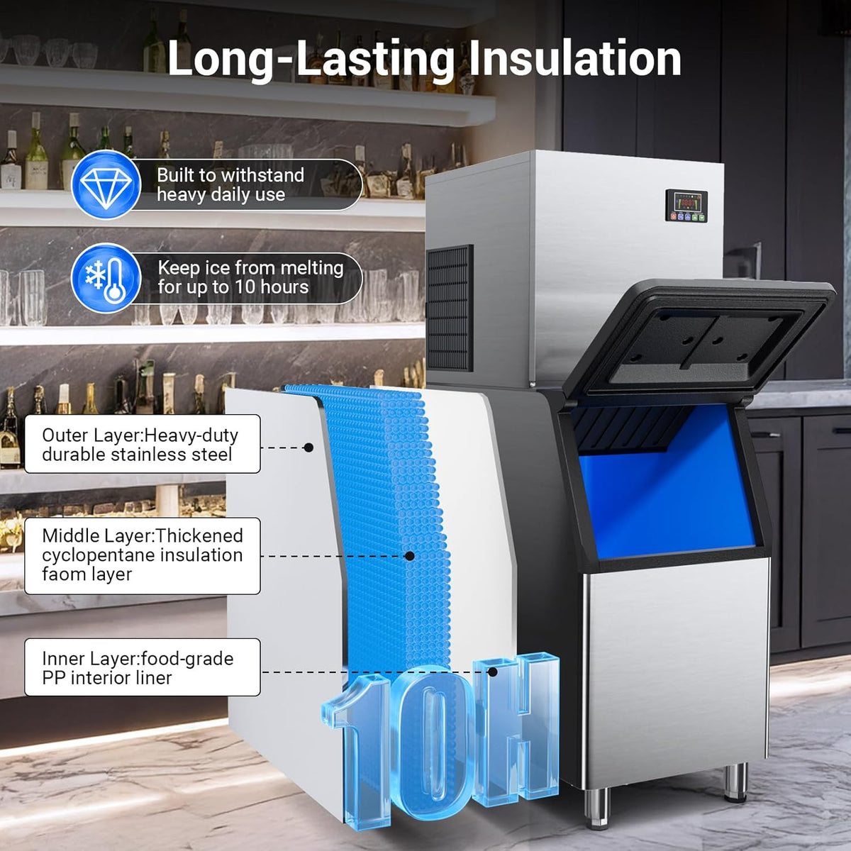 600LBS/24H Commercial Ice Machine Maker with 400LBS Storage Bin, Large Industrial Ice Maker, Self-Cleaning, Timing Function, 156 Ice Cubes Ready in 5-15min, Adjustable Ice Thicknesses