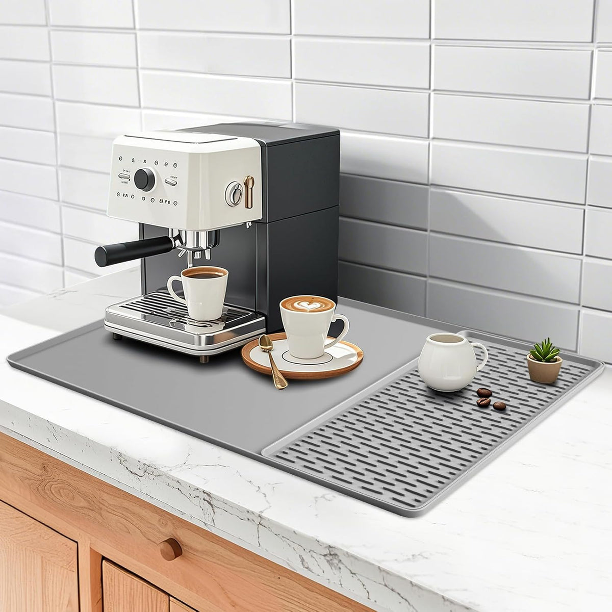 Silicone Coffee mat 24''x16'' – Non-Slip Bar Mat with Detachable Drying Layer for Espresso Machines, Countertops & Dish Racks-Gray