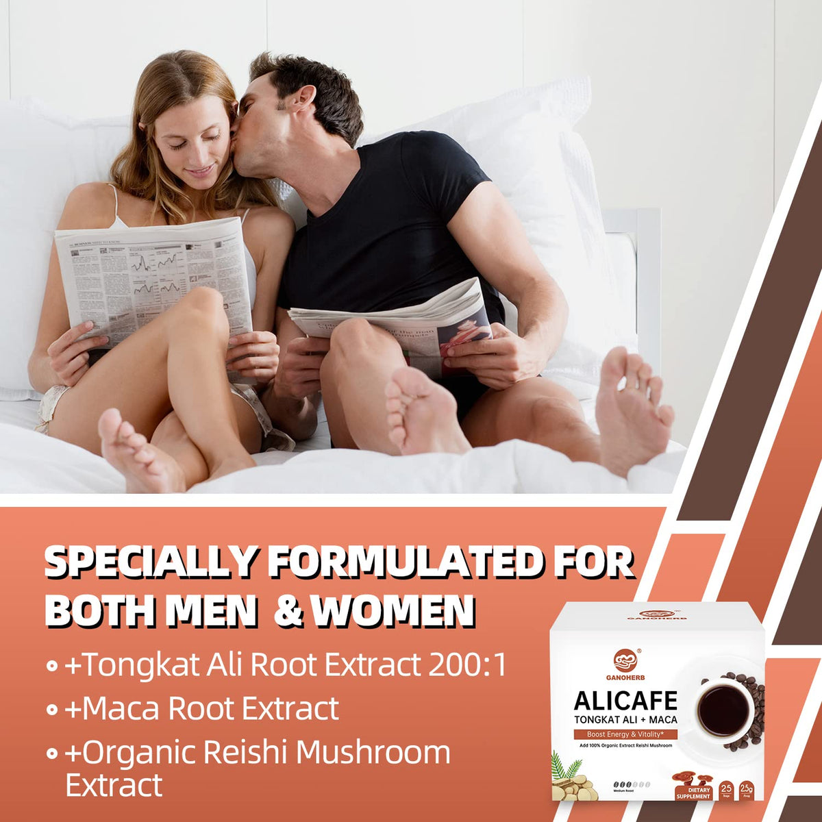 GANOHERB Maca Energy Coffee for Men, Women Herbal Coffee with Tongkat Ali, Maca Root, Reishi Mushroom Extract for Energy & Focus - 1 box (25 Packets)