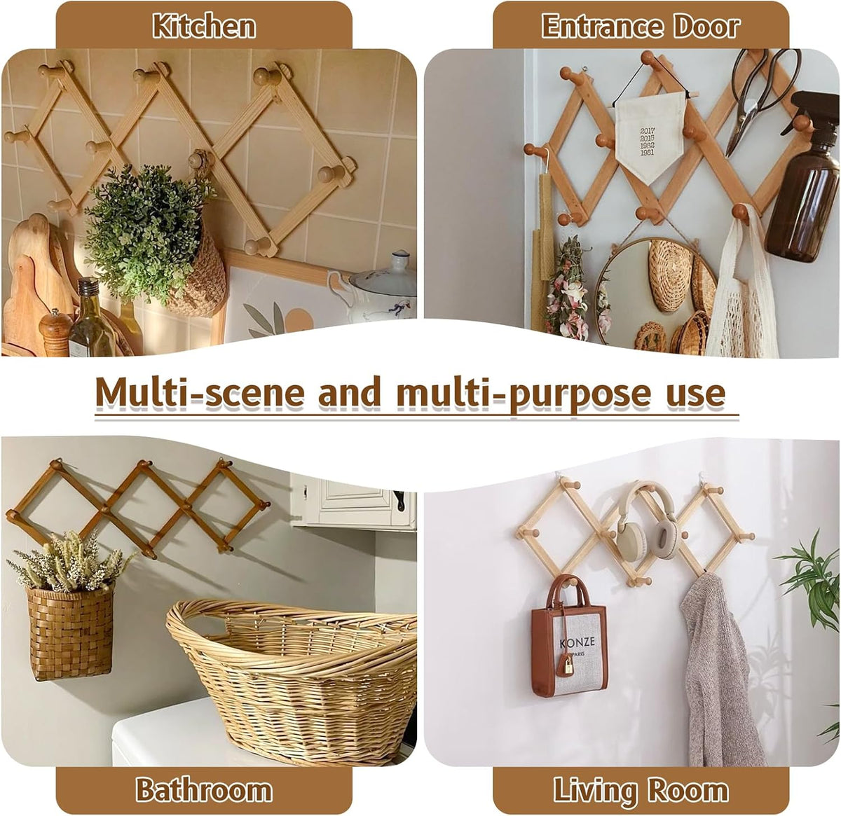 Rustic Adjustable Hanging Herb Drying Rack-Holds 10 Bouquets, Space-Saving Herb Flower Dryer with Adhesive Wall Hooks for Herb Display Rack,Kitchen Wall Décor-Unusual Gifts for Gardener Woman