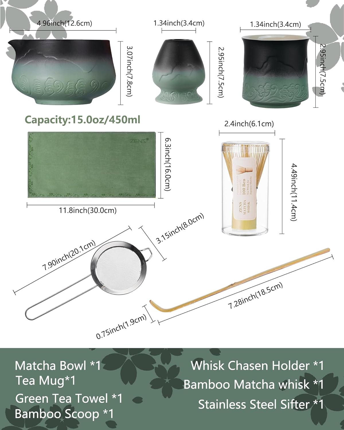 ZENS Matcha Whisk Set, 7pcs Matcha Kit Set with Ceramic Bowl and Matcha Cup, Bamboo Whisk & (Chasen Holder) Sifter, Scoop -Tea Towel, Japanese Chawan for Matcha-Making, Sage Green