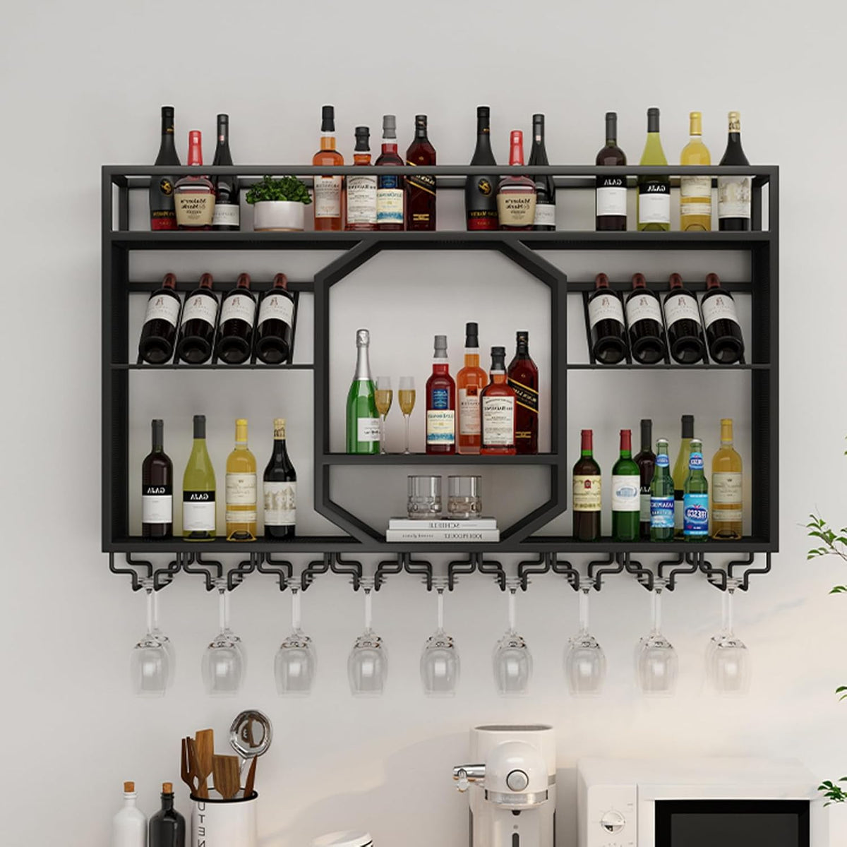 Wall Mounted Wine Rack, 3-Tiers Metal Bar Bottle Holder, Modern Wine Glass Storage Display Shelves, Wall Wine Rack for Kitchen Bar Dining Rooms Decoration ﻿(Black, 47.24in/120cm)