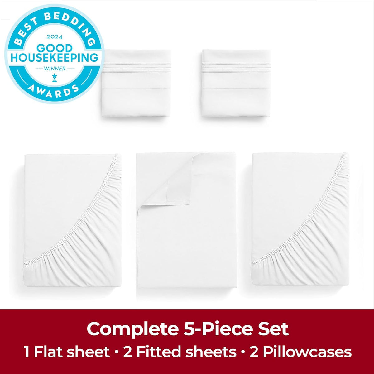 Mellanni Extra Deep Split King Sheets - 5 PC Iconic Collection Bedding - Hotel Luxury, Ultra Soft, Cooling Bed Sheets - Wrinkle, Fade, Stain Resistant (Split King, White)