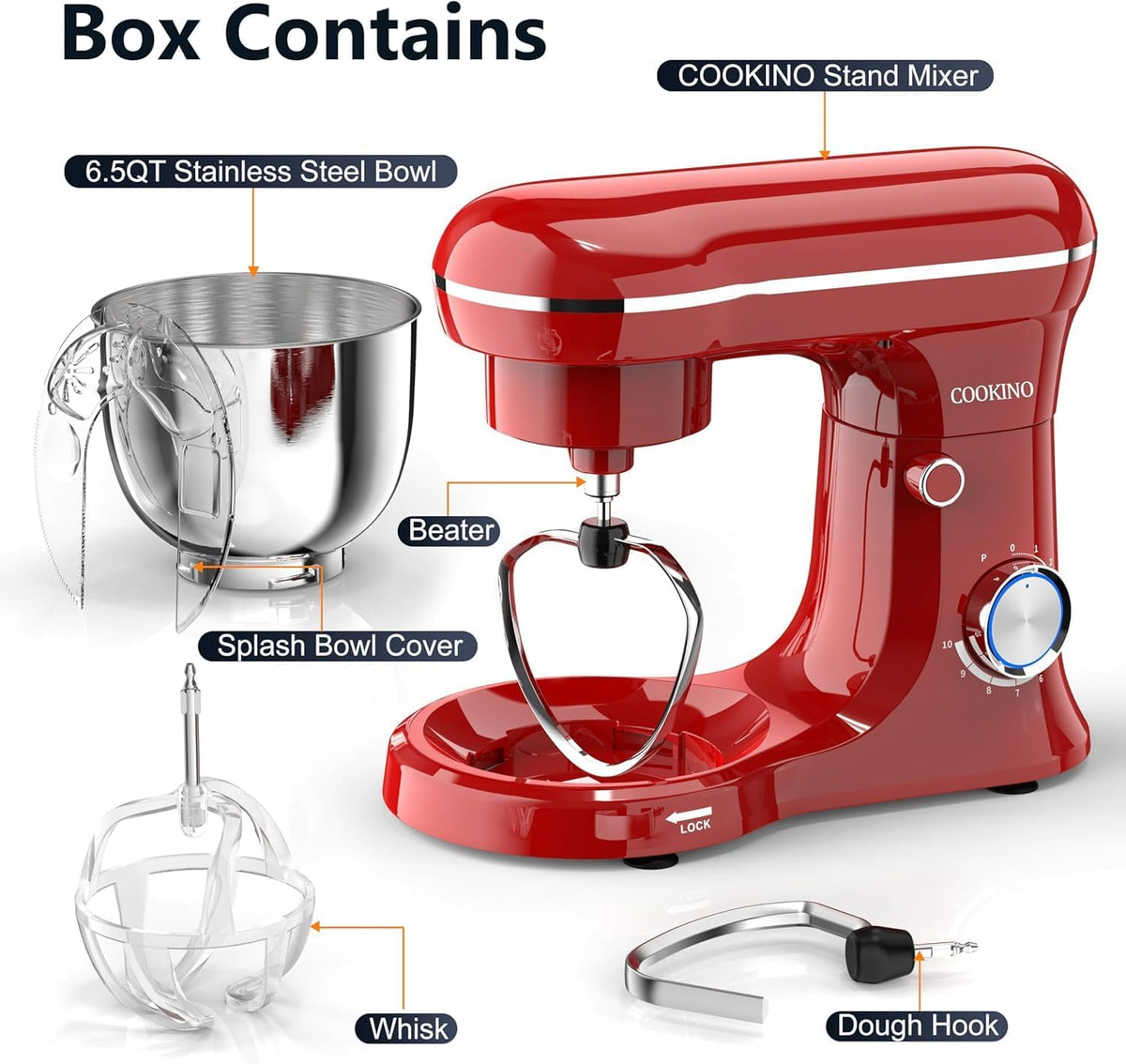 Electric Stand Mixer,10 Speeds 660W Tilt-Head Food Mixer, 3-IN-1 Kitchen Mixer for Daily Cooks with 6.5 QT Bowl,Dough Hook, Beater, Whisk (Empire Red)