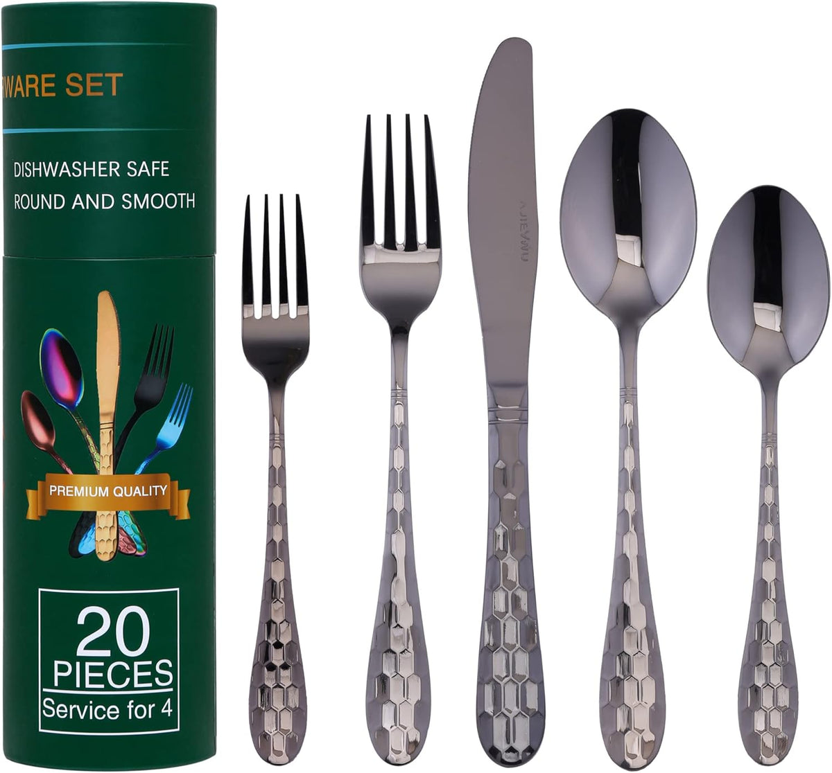 Hammered Silverware Set for 4, 20-Piece Black Flatware, 18/10 Stainless Steel Include Knife/Fork/Spoon, Tableware for Kitchen Restaurant, Dishwasher Safe (Black)