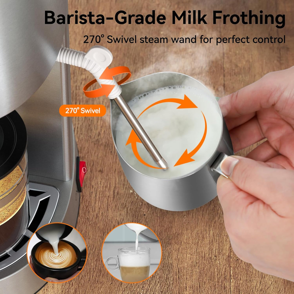 Queyd 3.5 Bar Espresso Machine,4-Cup Stainless Steel Coffee Maker with Steam Milk Frother, Compact Design Coffee Machine with Removable Drip Tray for Latte and Cappuccino, Silver