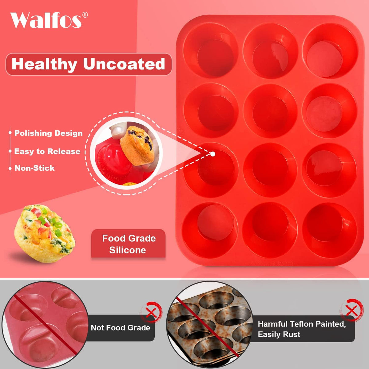 Walfos Silicone Muffin Pan - Cupcake Pans Set of 3, Including 24 Cups Mini Muffin Pans, 12 Cups Regular & 6 Cups Jumbo Muffin Pan, Pop Out Easily - BPA Free & Dishwasher Safe