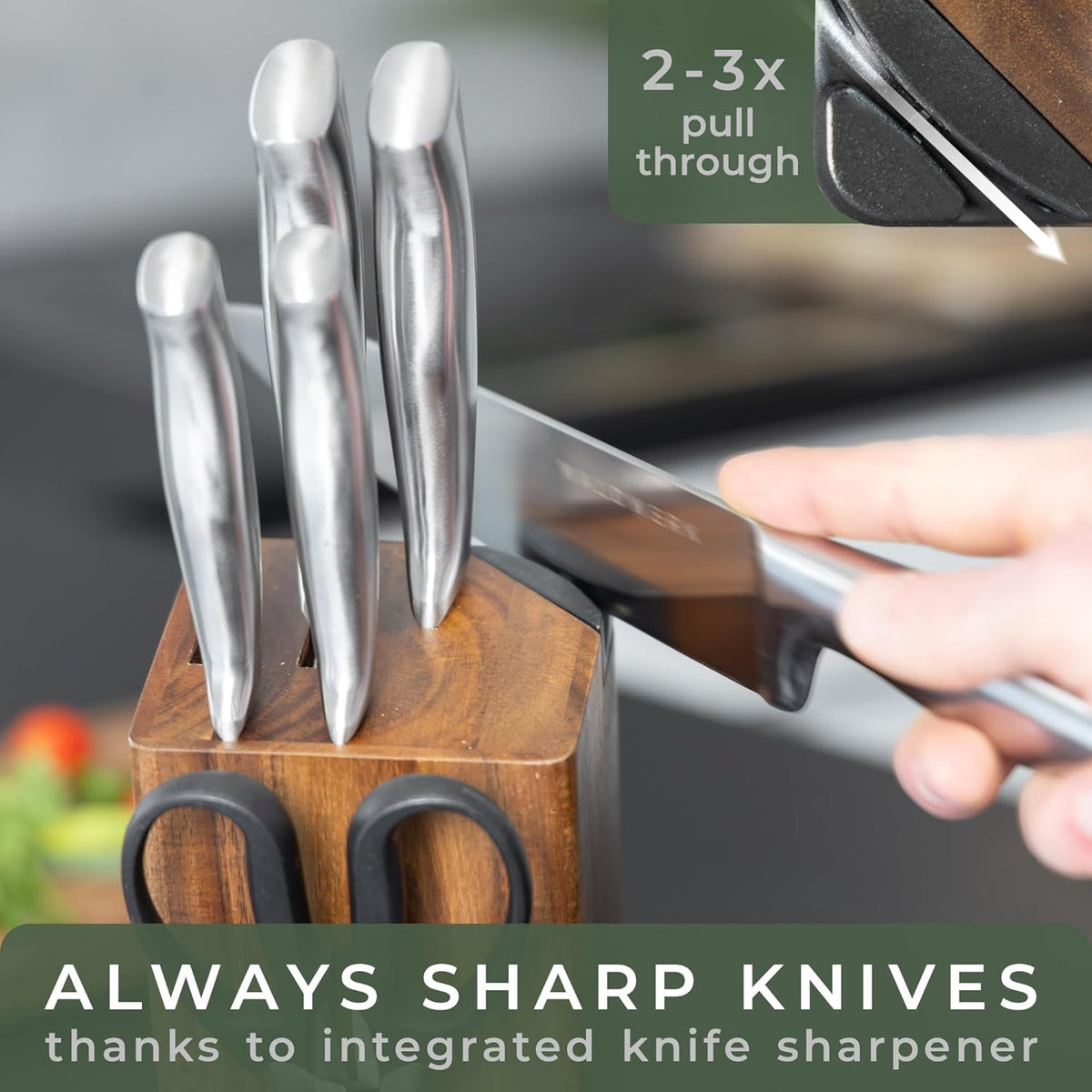 WALDWERK Knife Set - 7pcs Kitchen Knife Set with Block and Integrated Sharpener - Knife Block Set - Knife Block