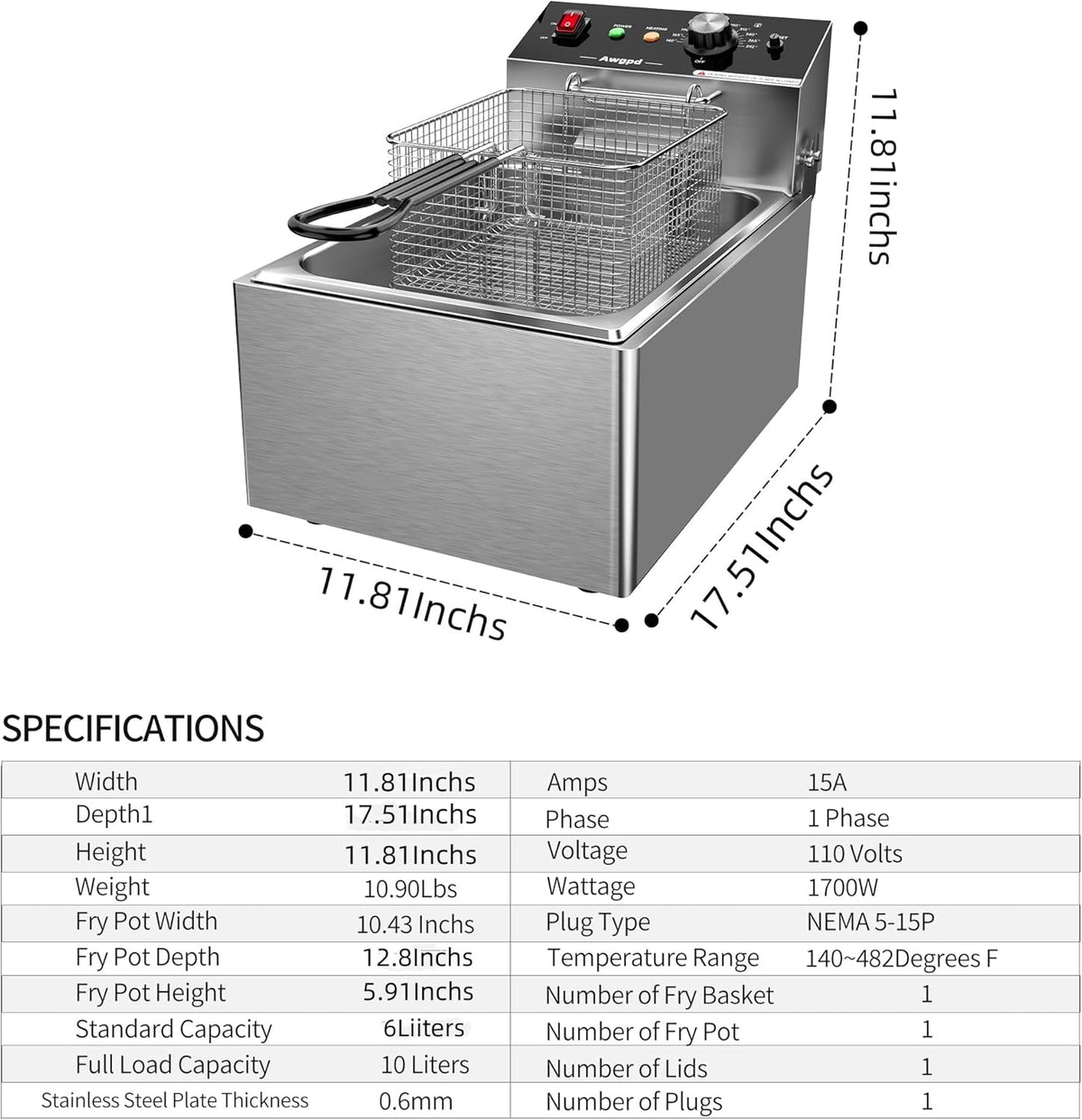 Electric Deep fryer Single Tank Deep Fryer with Basket Capacity 10L(10.5QT) Electric Countertop Fryer Stainless Steel Deep Fryers for Restaurant Home Use, 1700 Watts, 110V (10L)