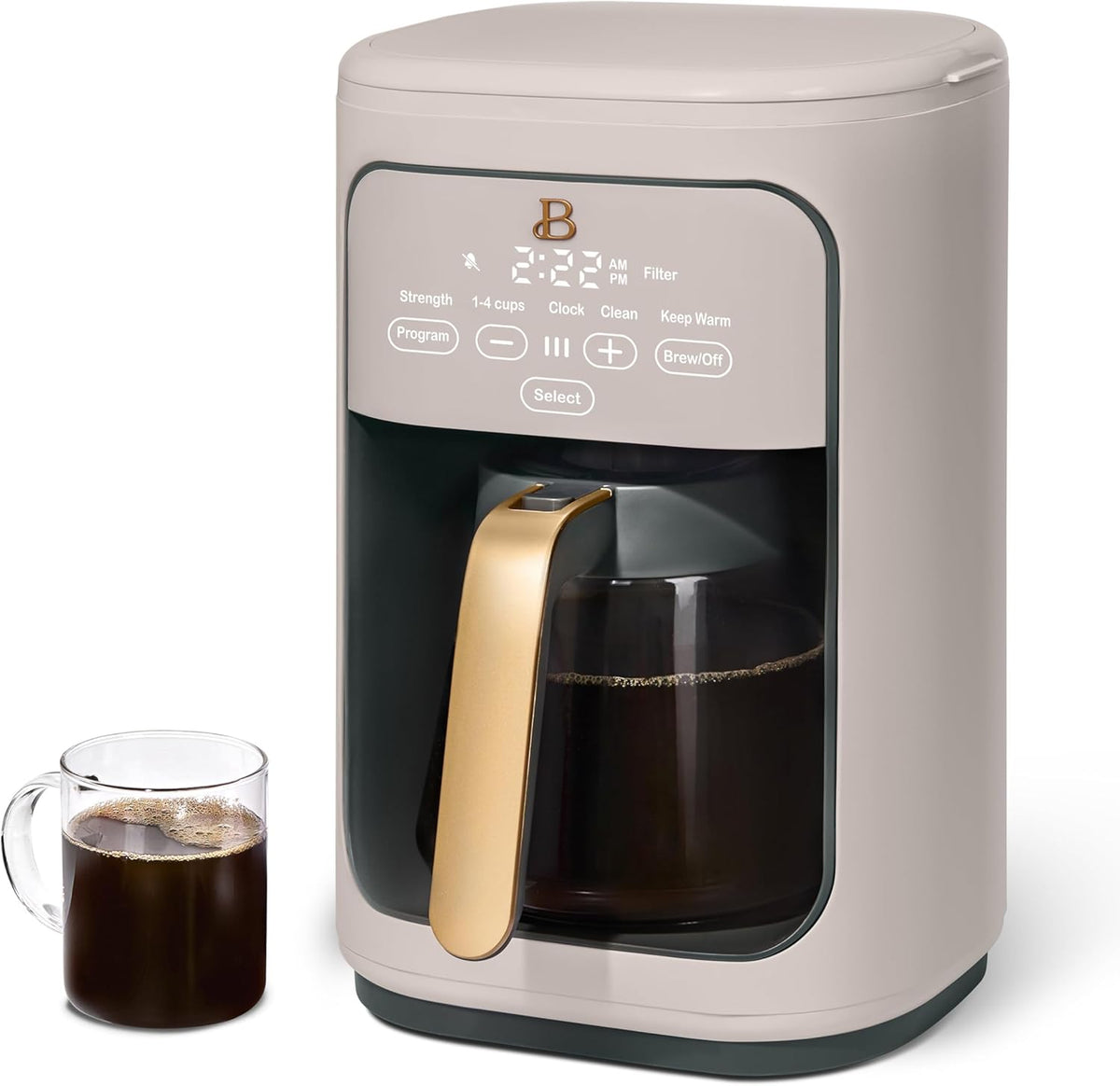 Beautiful Coffee Maker, 14-Cup, Touch Display, Programmable, 1200W, Stainless Steel, Keep Warm, 24h Timer dishwasher-safe (Porcini Taupe)