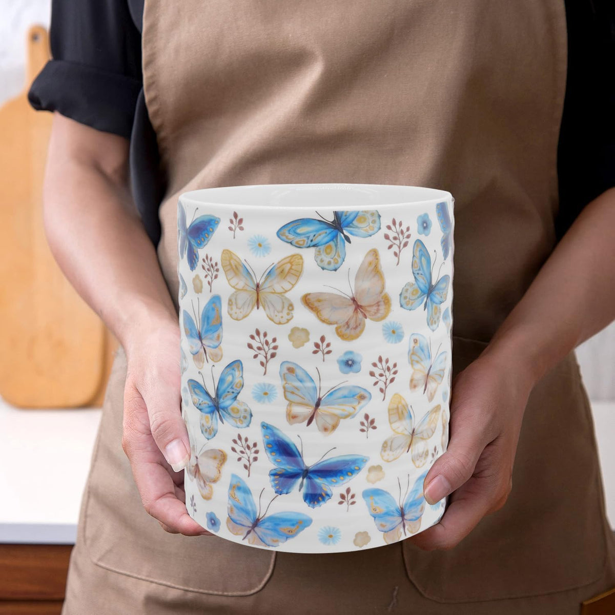 Kitchen Utensil Holder,7.2″Extra Large Stable Pattern Ceramic Utensil Crock,Utensil Organizer for Countertop,Kitchen Decor,Utensil Holder for Housewarming,Wedding Gift (Butterfly)