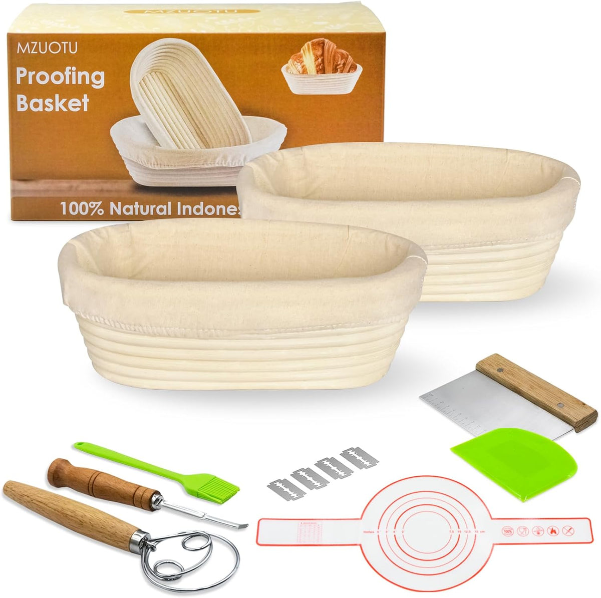 Sourdough Bread Baking Supplies- Set of 2 Oval Banaton Basket with Sourdough Starter Kit and Making Tools Accessories for Homemade Bread