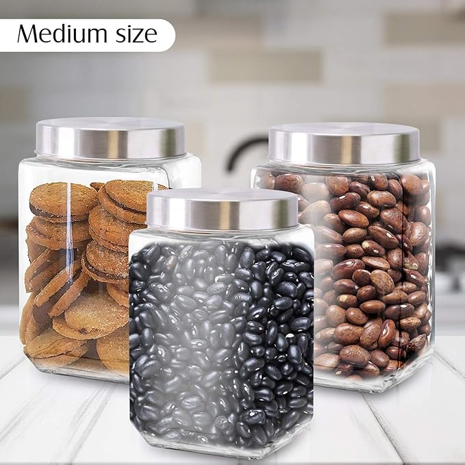 Glass Containers for Kitchen – Set of 3 Food Storage Containers – Storage Jars with Stainless Steel Lids – Suitable for Cookies, Snacks, Coffee – Screw-on Lid – 57oz Capacity
