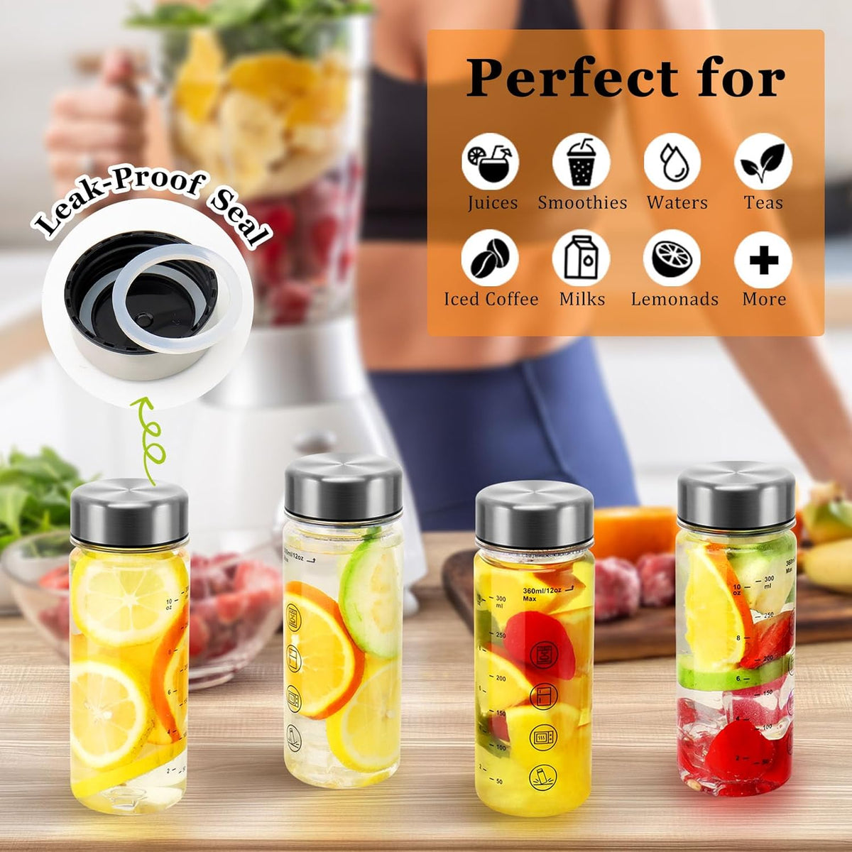 6 Pack Juice Bottles with Caps - Wide Mouth Resuable Clear Plastic Water Bottles for Juicing,Smoothie,Protein, Beverage,Storage Containers,BPA Free,Leakproof Stainless Steel Lid(12 Ounces)