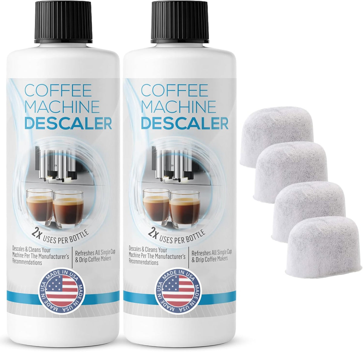 Keurig Compatible Descaling Solution - Descaler Cleaner Concentrate Kit For All 1.0 & 2.0 K-Cup Pod Machines and Espresso Machines - (2 Bottles, 4 Uses Plus 4 Filters)