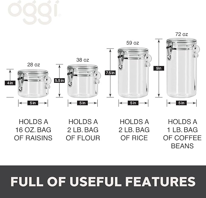 Oggi 4pc Clear Canister Set with Clamp Lids Airtight Containers in Sizes Ideal for Kitchen & Pantry Storage of Bulk, Dry Foods Including Flour, Sugar, Coffee, Rice, Tea, Spices & Herbs