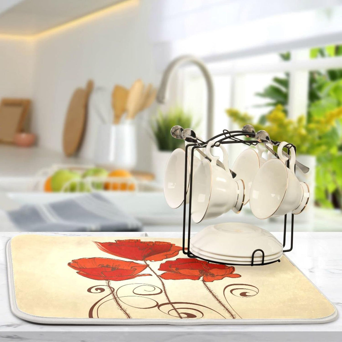 senya Super Absorbent Dish Drying Mat, Microfiber Fast-Drying 24''x18'', Kitchen Pad, Red Poppy Flowers Retro,(g289343168p523c558s1114)