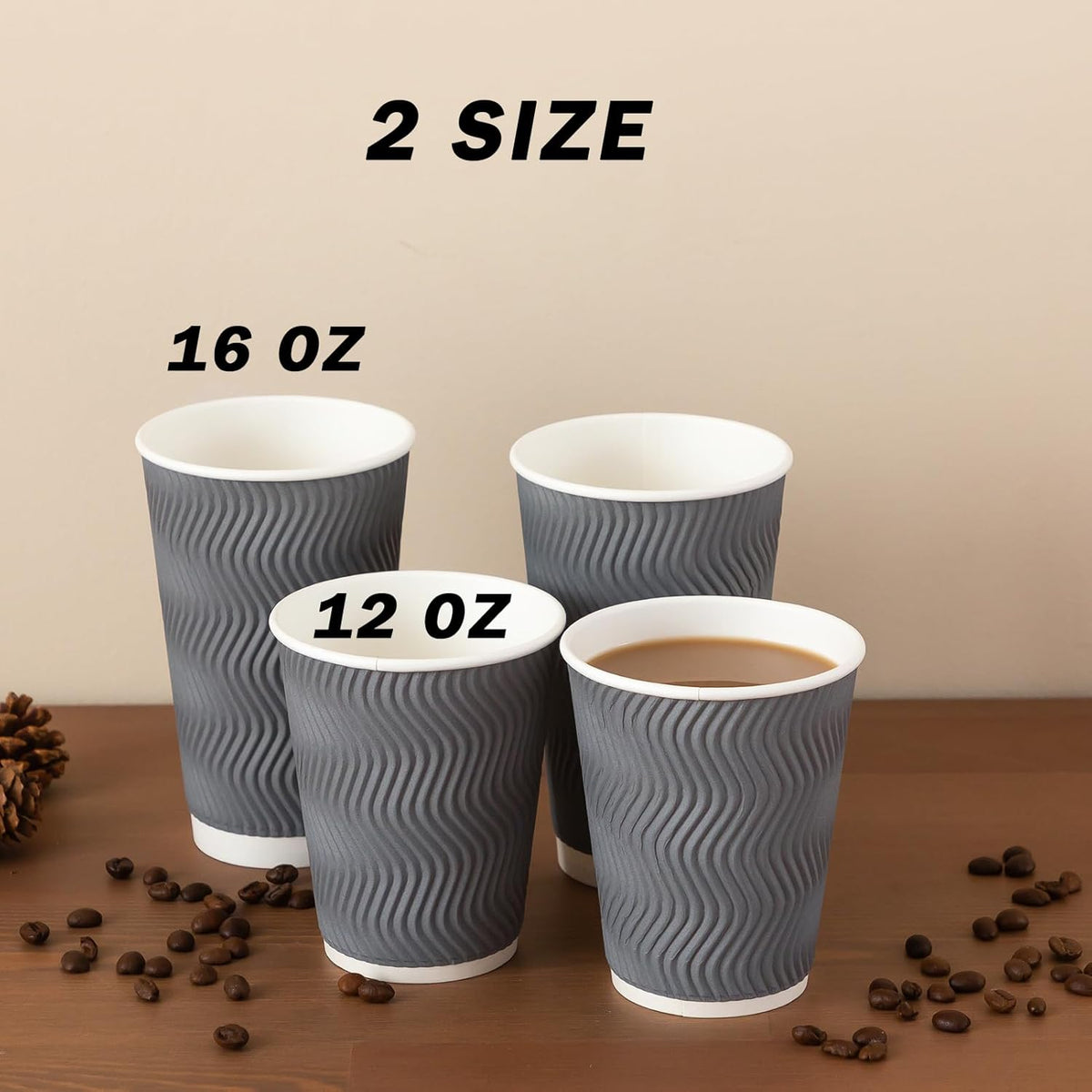 Coffee Cups 12 oz 120 Pack, Corrugated Insulated Ripple Wall Disposable Paper Coffee Cups 12oz, To Go for Hot Beverage or Cold Drinks Office/Home/Cafe/Party/Travel (Gray)