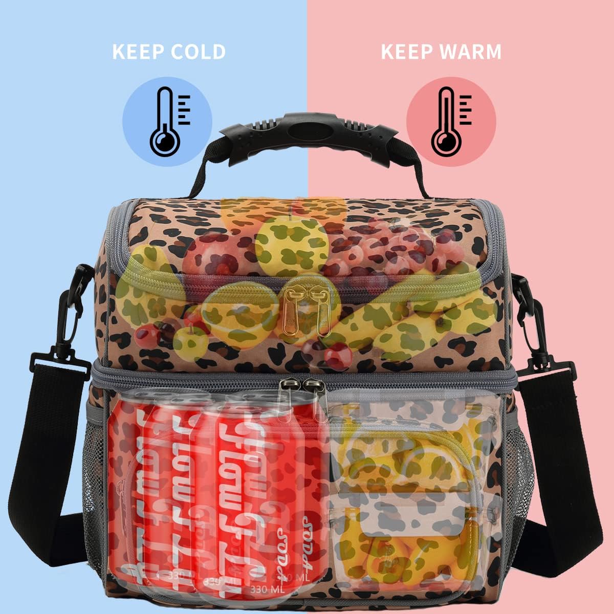 FlowFly Double Layer Cooler Insulated Lunch Bag Adult Lunch Box Large Tote Bag for Men, Women, With Adjustable Strap,Front Pocket and Dual Large Mesh Side Pockets