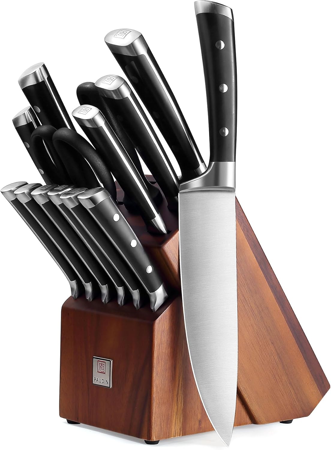 PAUDIN Knife Block Set, 15 Pieces Knife Set with Block, High Carbon Stainless Steel Kitchen Knife Set with Sharpener, Knives Set for Kitchen with Full Tang Triple Rivet Handle