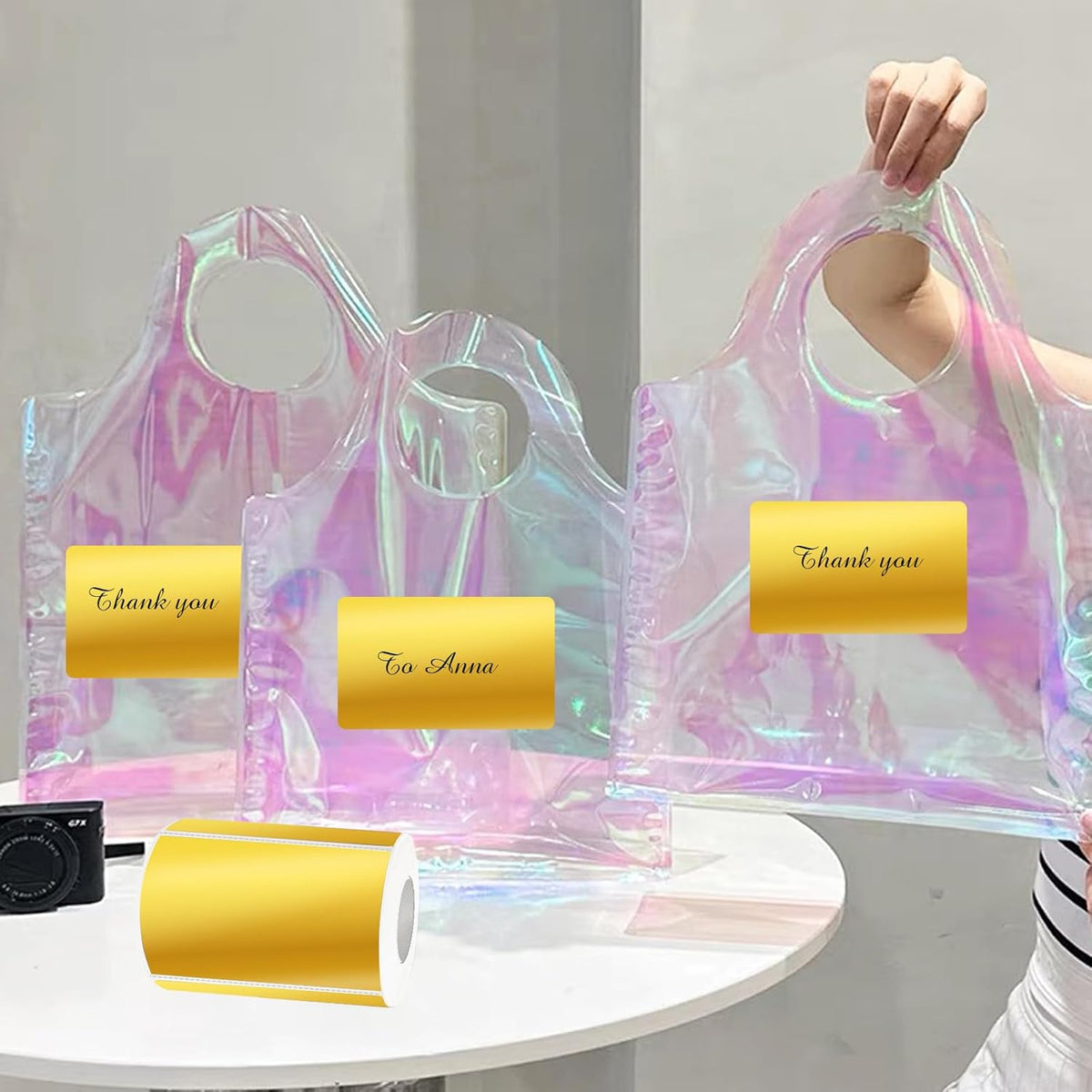 3x2 Inch Holographic Thermal Labels, Gold Thermal Sticker Labels, Rainbow Glitter Stickers for Price, Barcode, Mailing, Name, DIY Custom Logo Design, 200 Pcs/1 Roll
