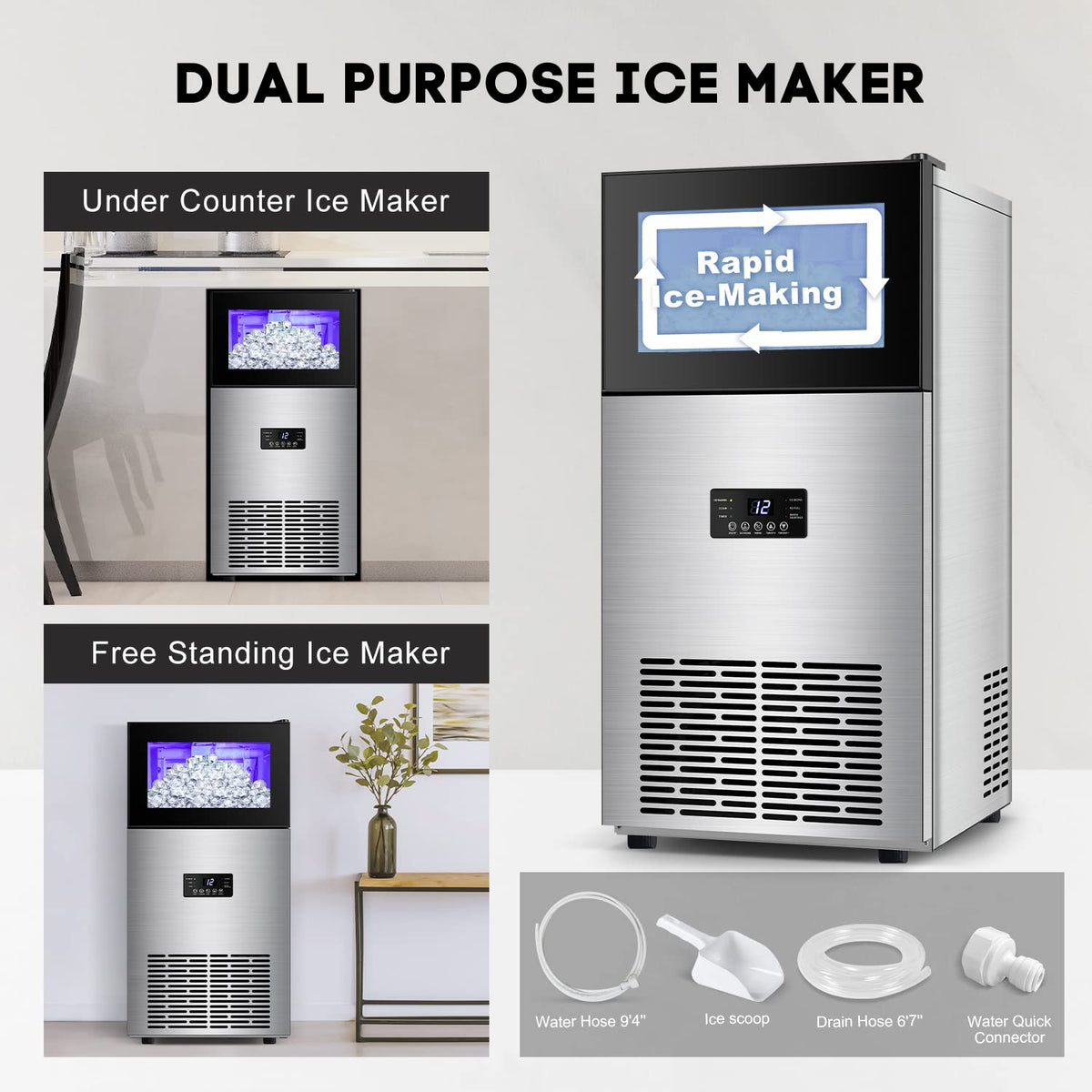 130LBS/24H Commercial Ice Maker Machine with 35LBS Capacity - Stainless Steel Undercounter/Freestanding Ice Cube Maker for Home Bar & Outdoor Use - Automatic Operation
