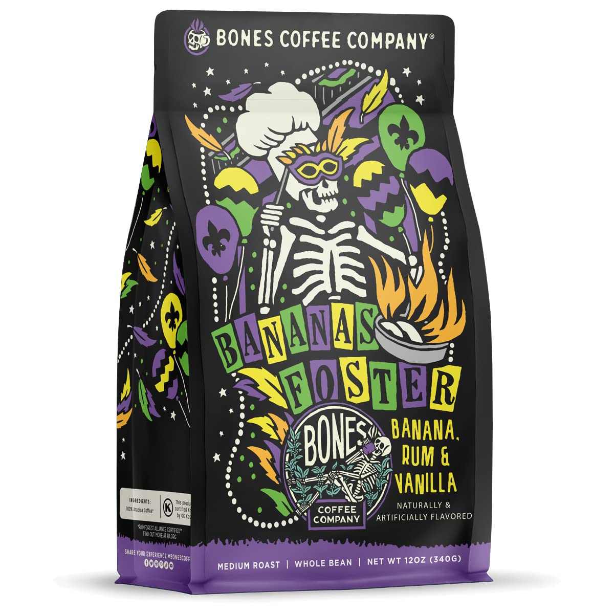 Bones Coffee Company Bananas Foster, Banana, Rum and Vanilla Flavored Coffee, Medium Roast Low Acid Arabica Beans Compatible with Auto drip and French Press Coffee Maker, 12 Oz Whole Bean
