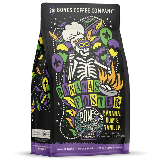 Bones Coffee Company Bananas Foster, Banana, Rum and Vanilla Flavored Coffee, Medium Roast Low Acid Arabica Beans Compatible with Auto drip and French Press Coffee Maker, 12 Oz Whole Bean