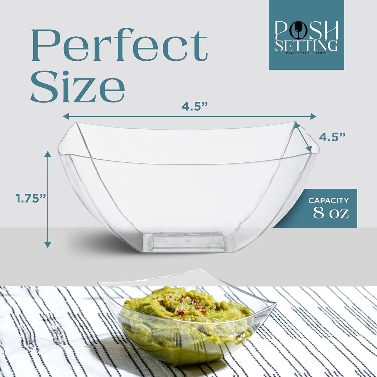 Posh Setting - Clear Plastic Serving Bowls for Party (8oz - 4 Pack) Square, Disposable, Salad & Fruit Bowls for Party Table, Candy Containers for Candy Buffet