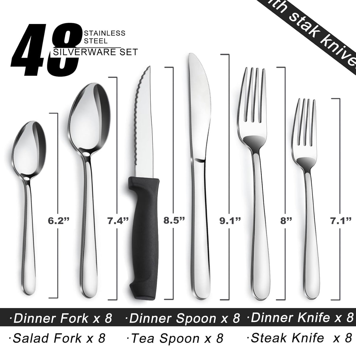 Pleafind 48-Pieces Silverware Set for 8, Flatware Set with Steak Knives, Stainless Steel Cutlery Set, Include Forks Spoons and Knives Set, Dishwasher Safe Utensil Sets for Home Restaurant