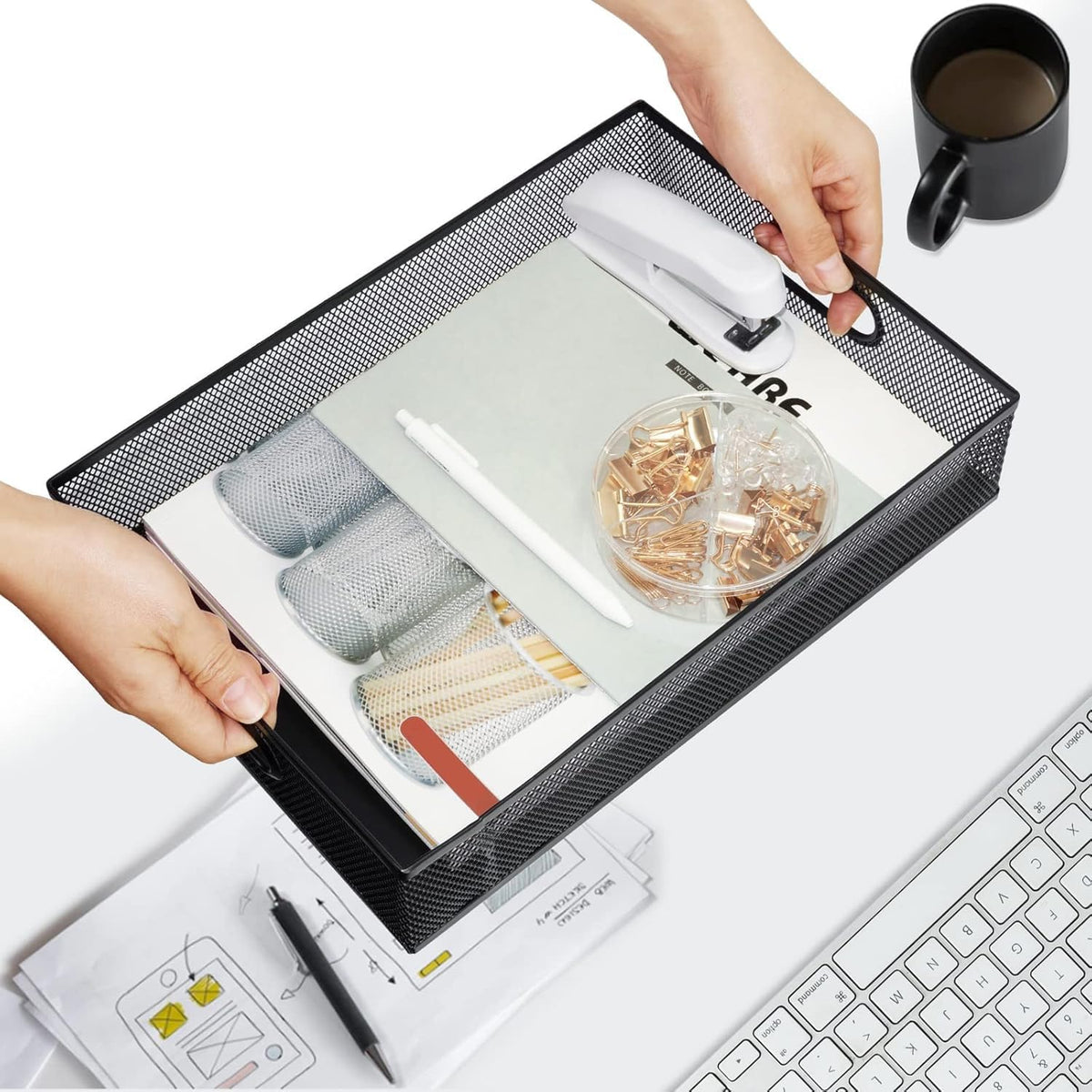 Neudeco Desk Drawer Organizer with 6 Adjustable Dividers, Metal Pen organizer for desk drawer,Mesh Office Desk Drawer Organizer Tray for office supplies (Pack 4, Black)