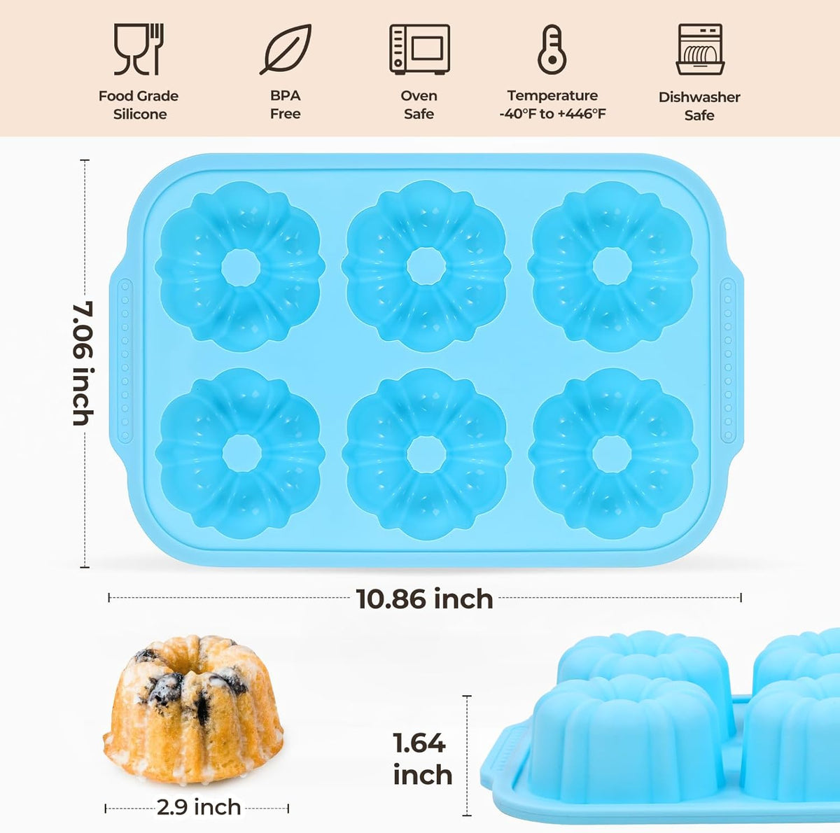 Mini Bundt Cake Pans for Baking, 2Pcs Silicone 6-Cavity Fluted Tube Cake Pan with Metal Reinforced Frame, Nonstick Baking Molds for Cupcake, Brownie, Donuts, Cornbread, Jello