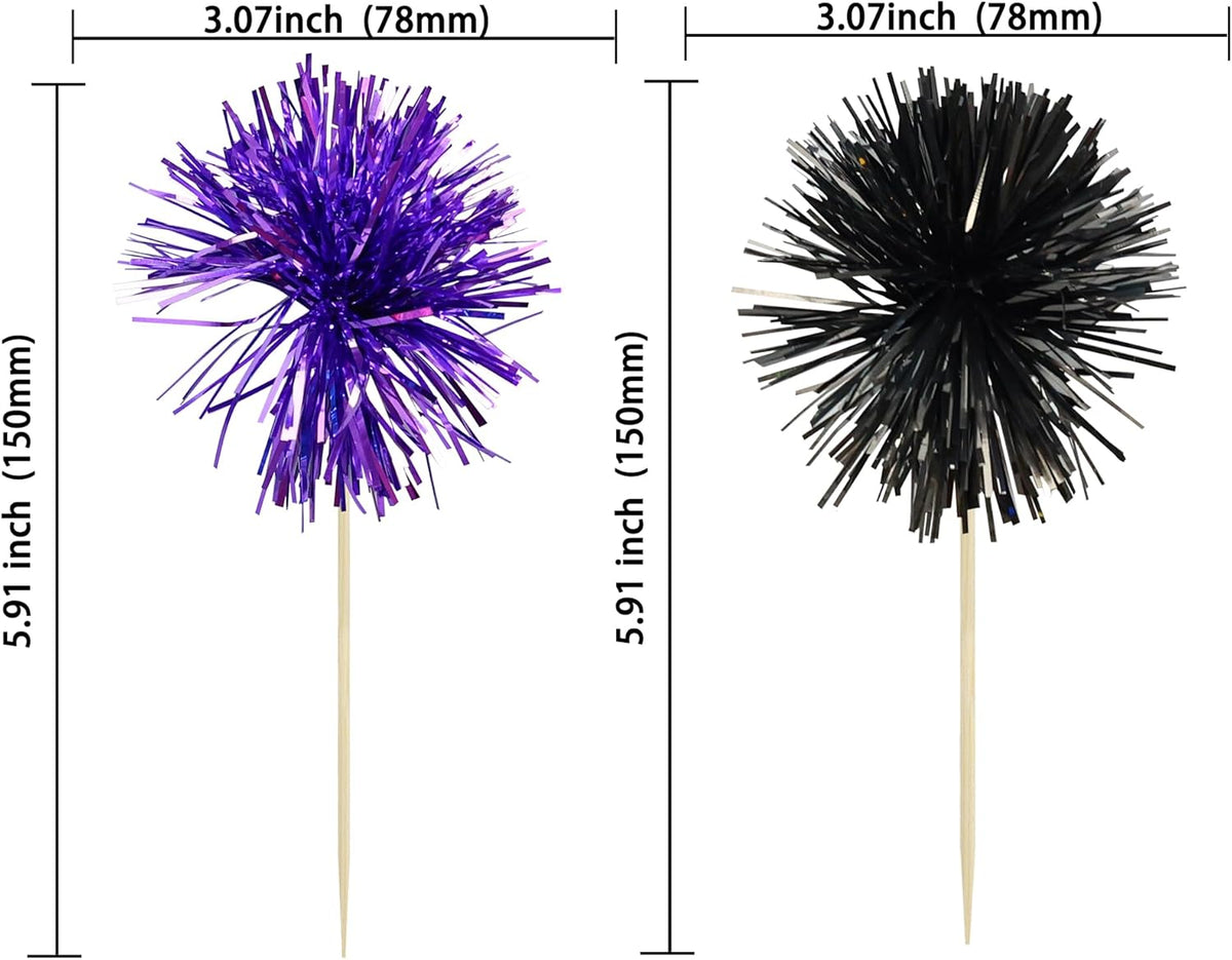 Ephlyn 30Pcs Foil Firework Cupcake Toppers Sparkle Tinsel Cupcake Picks Happy Birthday Cake Decorations Drink Stirrers Cocktail Food Toothpicks for Baby Shower Graduation Party Supplies Black Purple