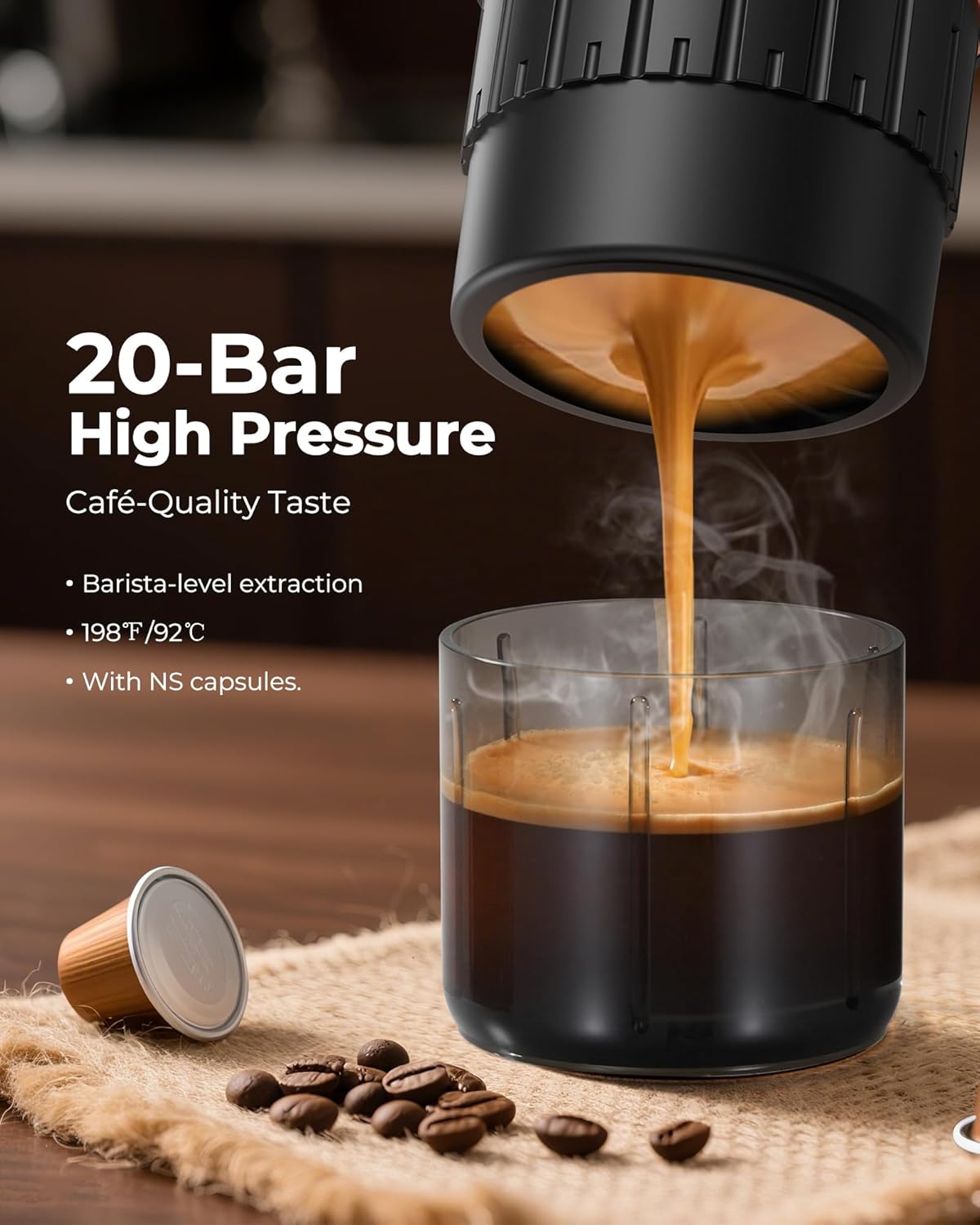 Portable Espresso Maker 20 Bar Self‑Heating & Auto-off | 13500 mAh Battery Brews 8 Shots | 12 V Mini Coffee Machine Compatible with Nespresso Original Pods | Car/Travel/Camping