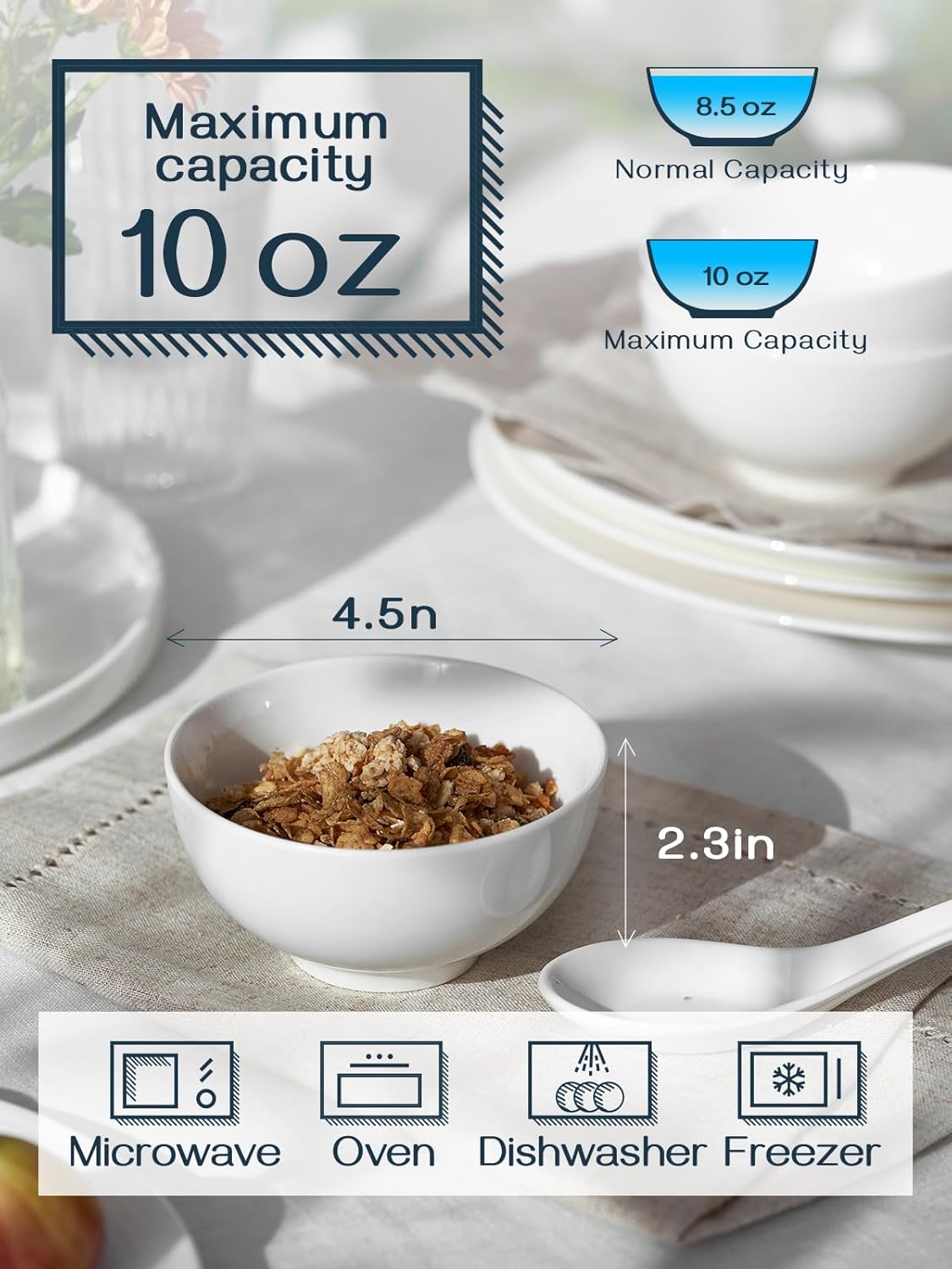 DOWAN 8.5 OZ Small Ceramic Bowls Set of 4 - White Bowls for Dessert, Dip, Side Dishes, Ice Cream, Fruit, Rice - Dishwasher & Microwave Safe