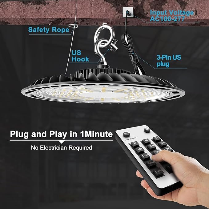Lightdot 8Pack Smart 250W High Bay LED Shop Lights 37,500LM High Bay Lights with Control (Normal Mode & Motion Sensor Mode) ETL-Listed Plug & Play for 30-40FT Height Warehouse-6Yrs Warranty