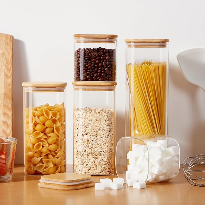 Square Glass Food Storage Jars with Lids[Set of 5], Perfect for Pasta, Cookies, Nuts, Coffee, Cereal, Flour,Organize Your Kitchen and Pantry with these BPA-Free Glass Jars with Canisters