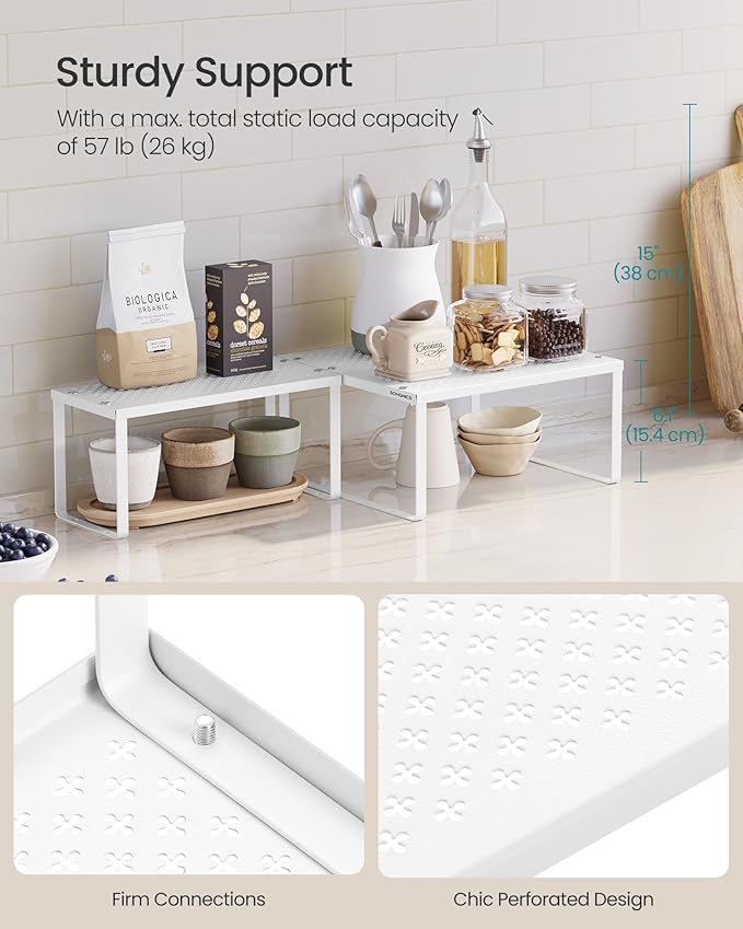 SONGMICS Spice Racks, Set of 2 Metal Cabinet Shelf Organizers, Countertop Organizers, Shelf Risers, Stackable, Expandable, White UKCS005W01