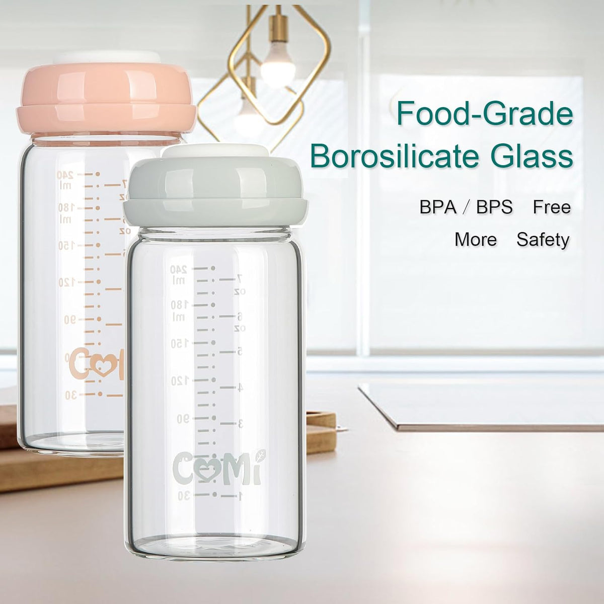 COMI Wide Neck Glass Breastmilk Collection n Storage Bottle, 8oz with Screw Ring Sealing Disk; Re-markable Sealing Disc. BPA Free, Fits Breast Pumps & Nipples (6 Pink Lids)