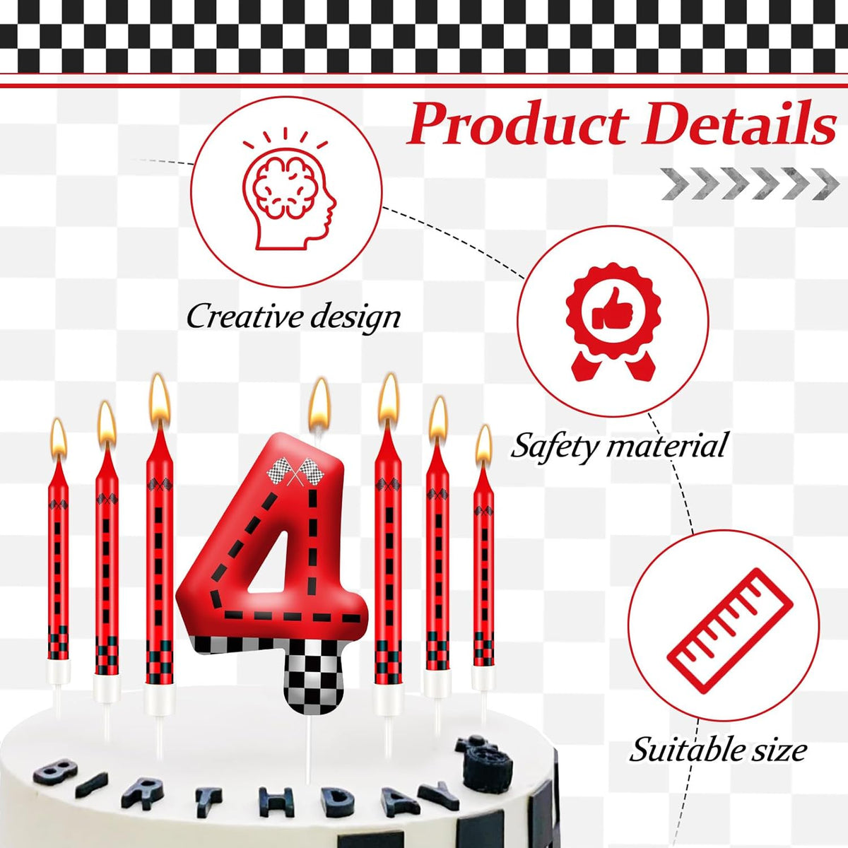 13PCS Racing Car Theme Birthday Candle Set with Checkered Flag Design - Durable Cake Topper for Race Car Party Decorations, Kids Birthday Supplies - Number 4 Candle for Racing-Themed Celebrations