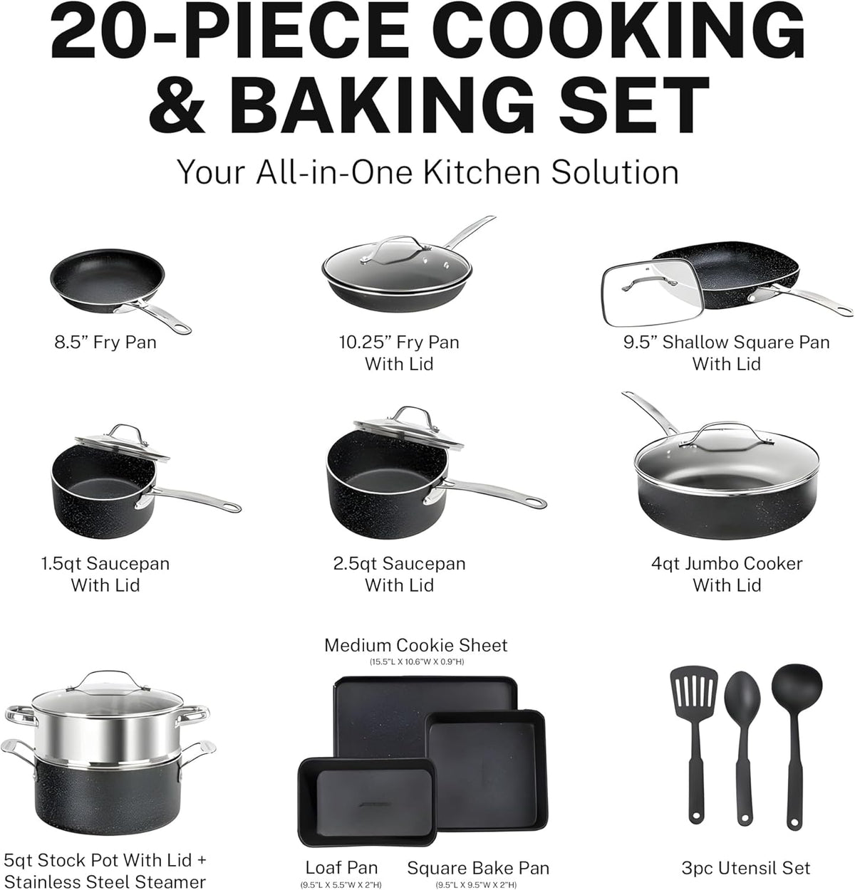 GRANITESTONE 20 Pc Complete Pots and Pans Set Non Stick Cookware Set with Deep Frying Pan Set, Bakeware, Steamer, Cooking Utensils, Non Toxic PFOA PFOS Free, Oven and Dishwasher Safe