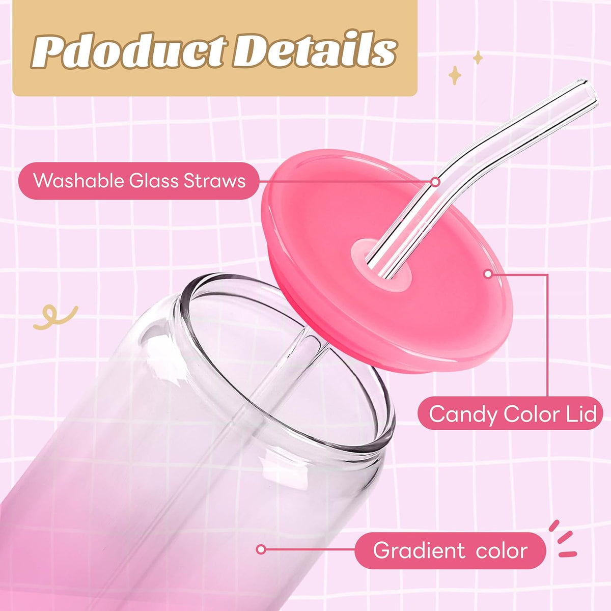 Joyclub 20oz Glass Cups with Acrylic Lids and Straws 12 Set Can Shaped Glass Iced Coffee Cups with Lids, Gradient Drinking Glasses Cute Tumbler Cup Great for Smoothie Soda Boba Tea Cocktail Beer Gift